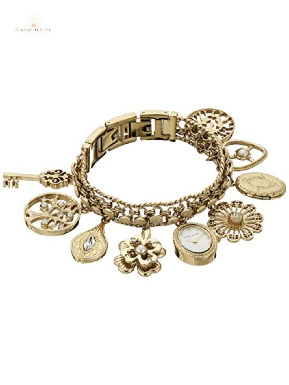 Gold-Tone Stainless Steel Crystal Charm Bracelet Watch Oval Mother-of-Pearl Dial